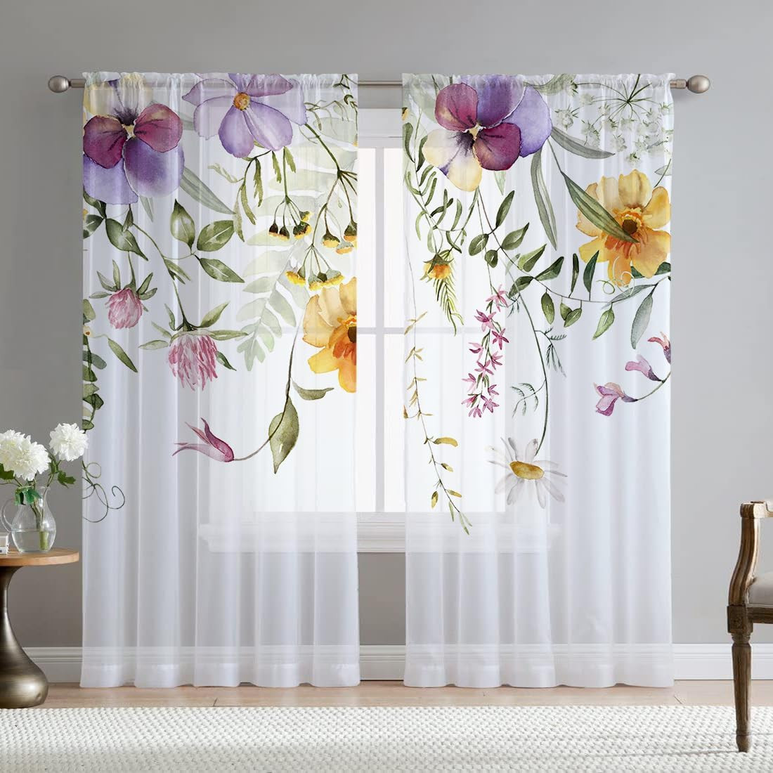 Cortinas transparentes flores purpura y amarillo sala y dormitorio 84 pulgadas