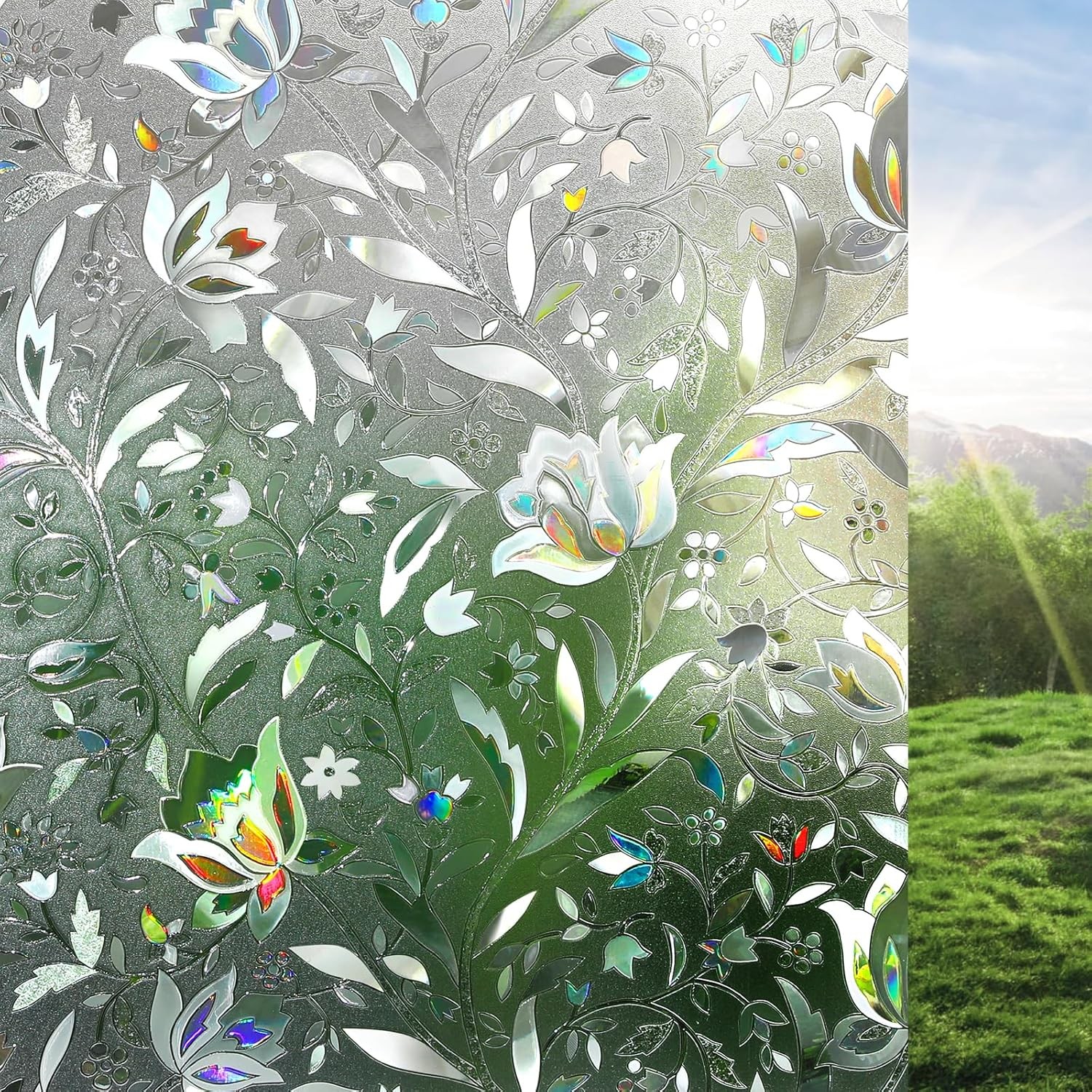 rabbitgoo Window Film Stained Glass Sticker Static Cling Tulip 35.4″ x 78.7″
