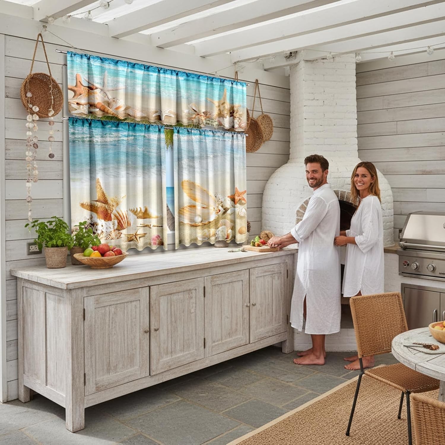 Beach Kitchen Curtains Set Coastal Starfish Shell Water Resistant Polyester