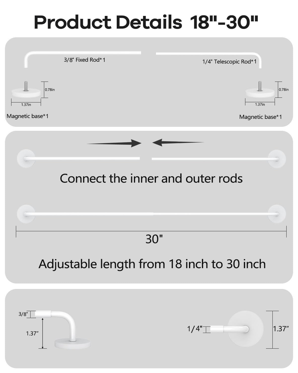 Magnetic Curtain Rods for Door, Adjustable 18 to 30 Inch Curtain Rod, 3/8 Inc