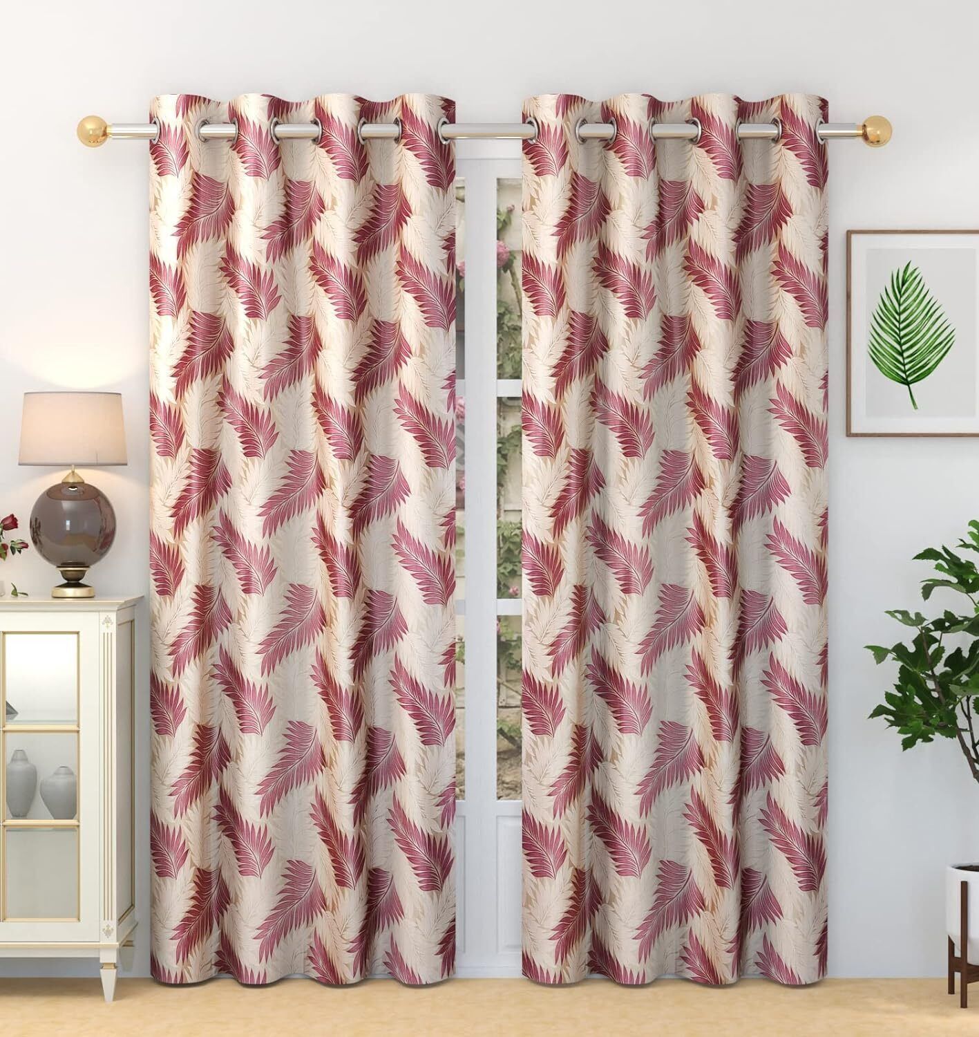 2 Piece Leaves Printed Polyester Eyelet Window Door Boho Curtains Set 5 7 9 Feet