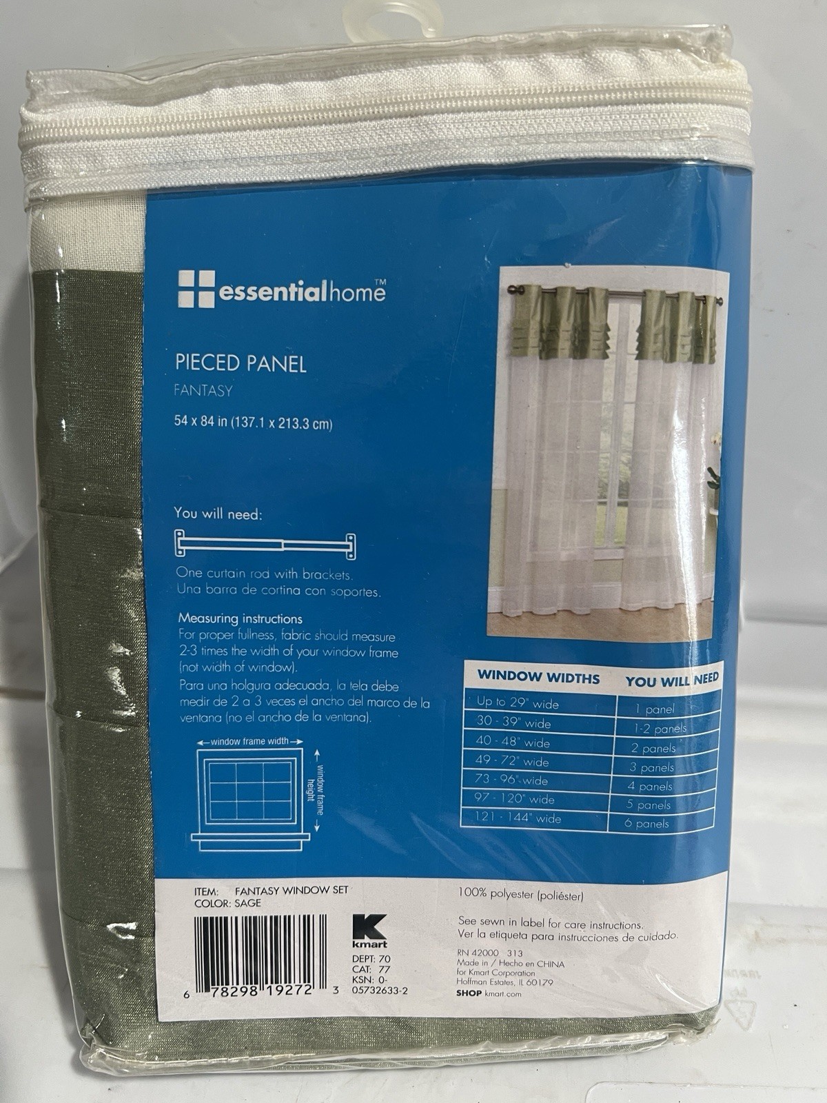 Essential Home Pieced Panel Fantasy Window Curtain Set – Sage 54×84″