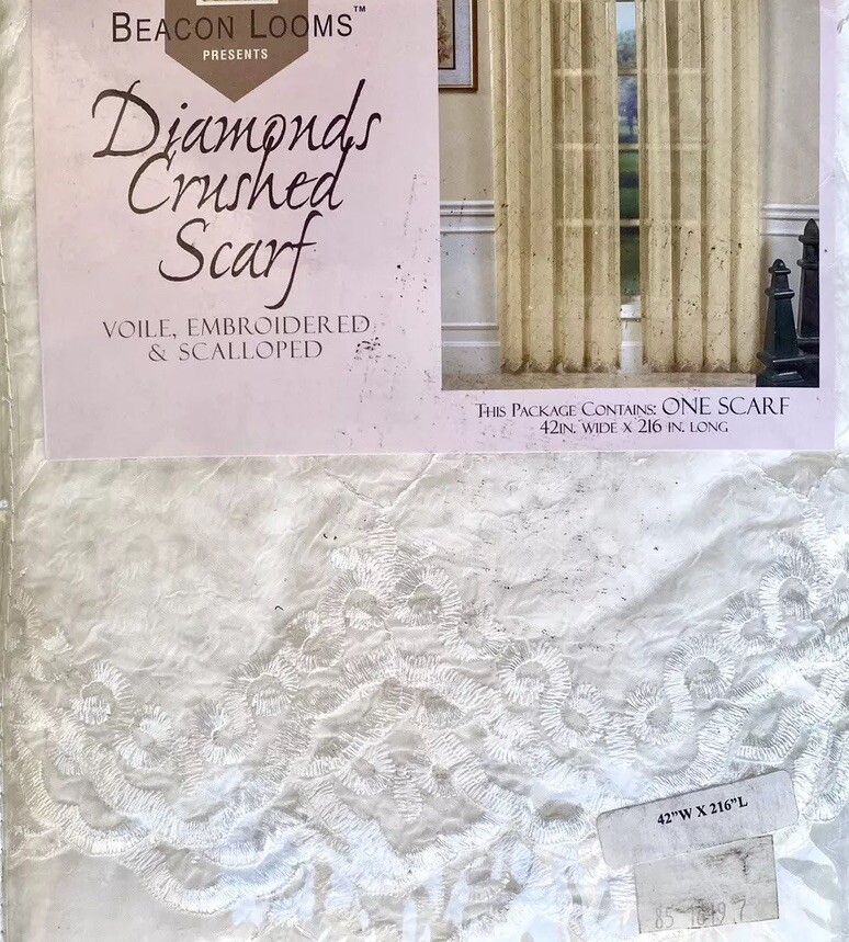 Diamonds Voile Embroidered Scalloped Sheer 42×216” Window Drapes Scarf Ivory NIP