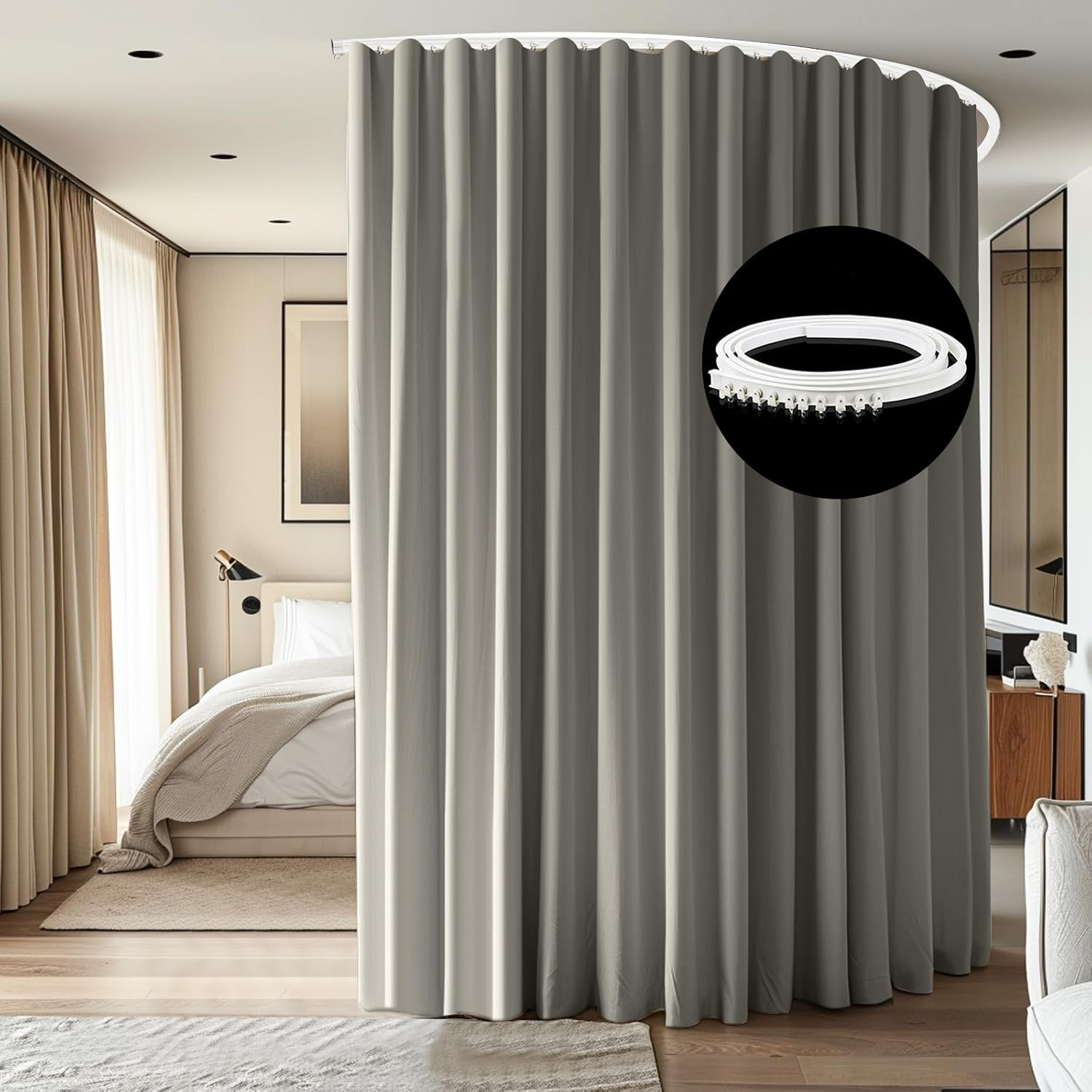 Extra Wide Blackout Curtain Track Set with Light Grey Drape for Privacy