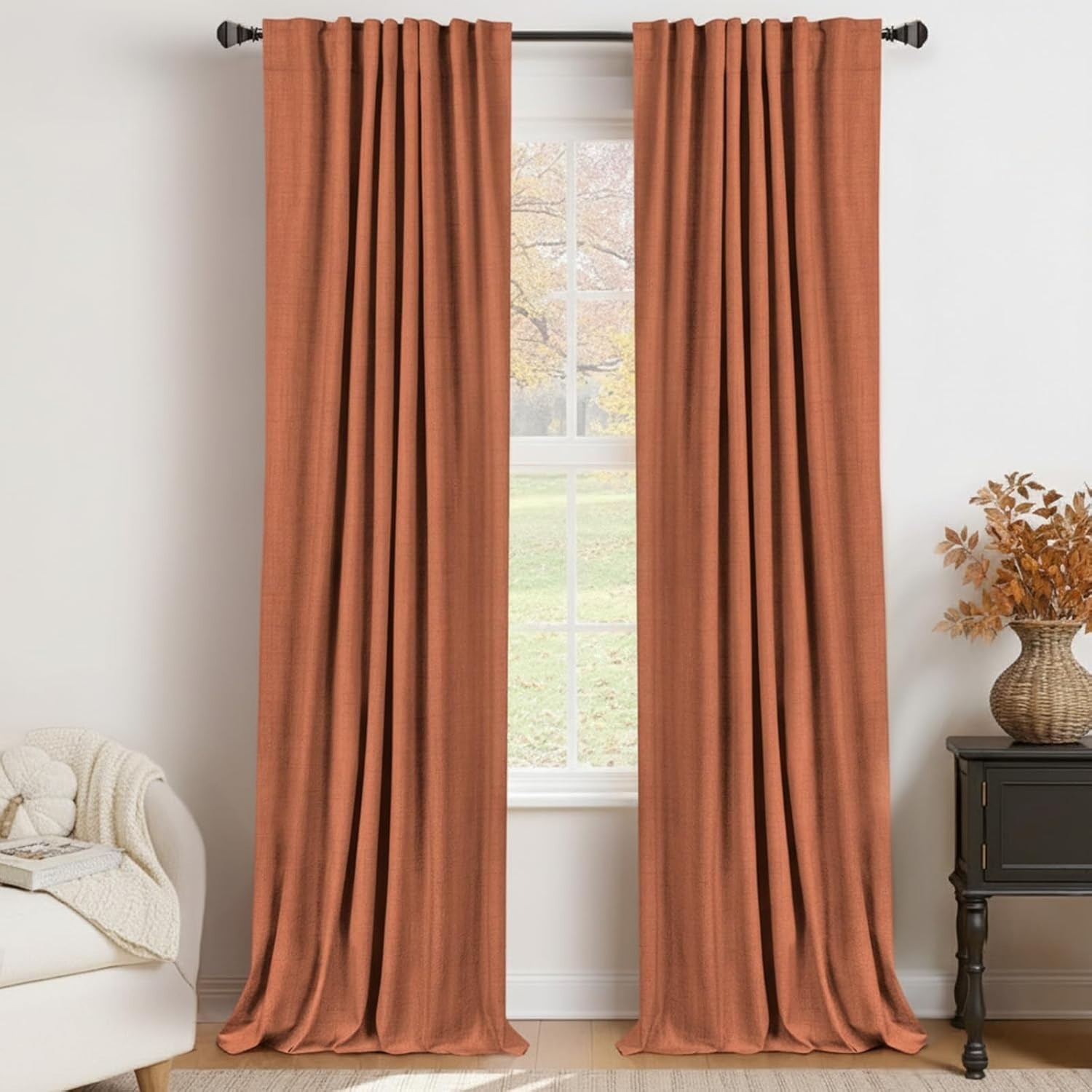 Blackout Curtains 84in Burnt Orange 2 Panel + Black Curtain Rod Bundle NEW