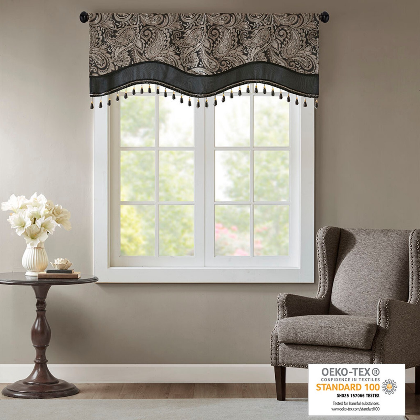 Madison Park Classic Jacquard Window Rod Pocket Valance With Beads 50″W x 18″L