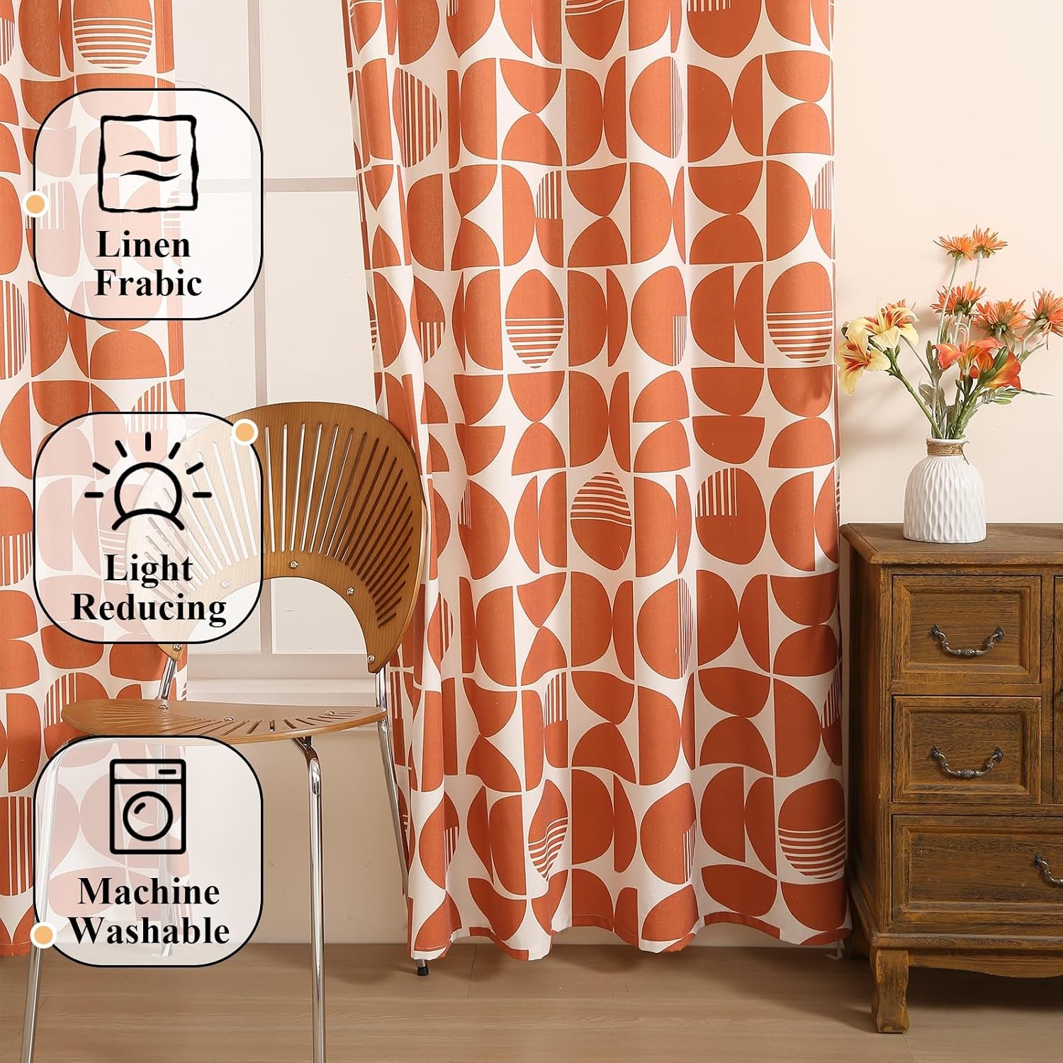 Mid Century Modern Orange Light Filter Living Room Curtains Farmhouse Style