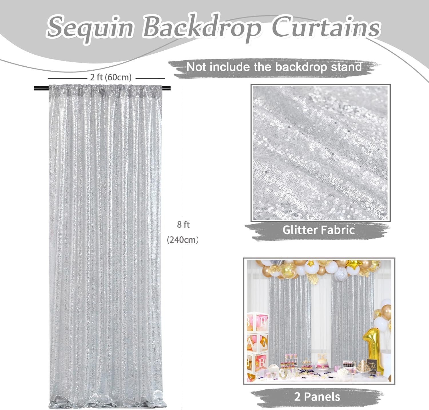 Silver Sequin Backdrop Curtains-2 Panels 2FTx8FT Silver Backdrop for Valentin…