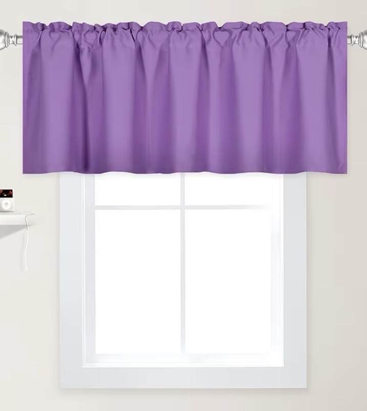 Purple Ruffled Window Valance, Polyester Rod Pocket, Opaque, Frame Mounted