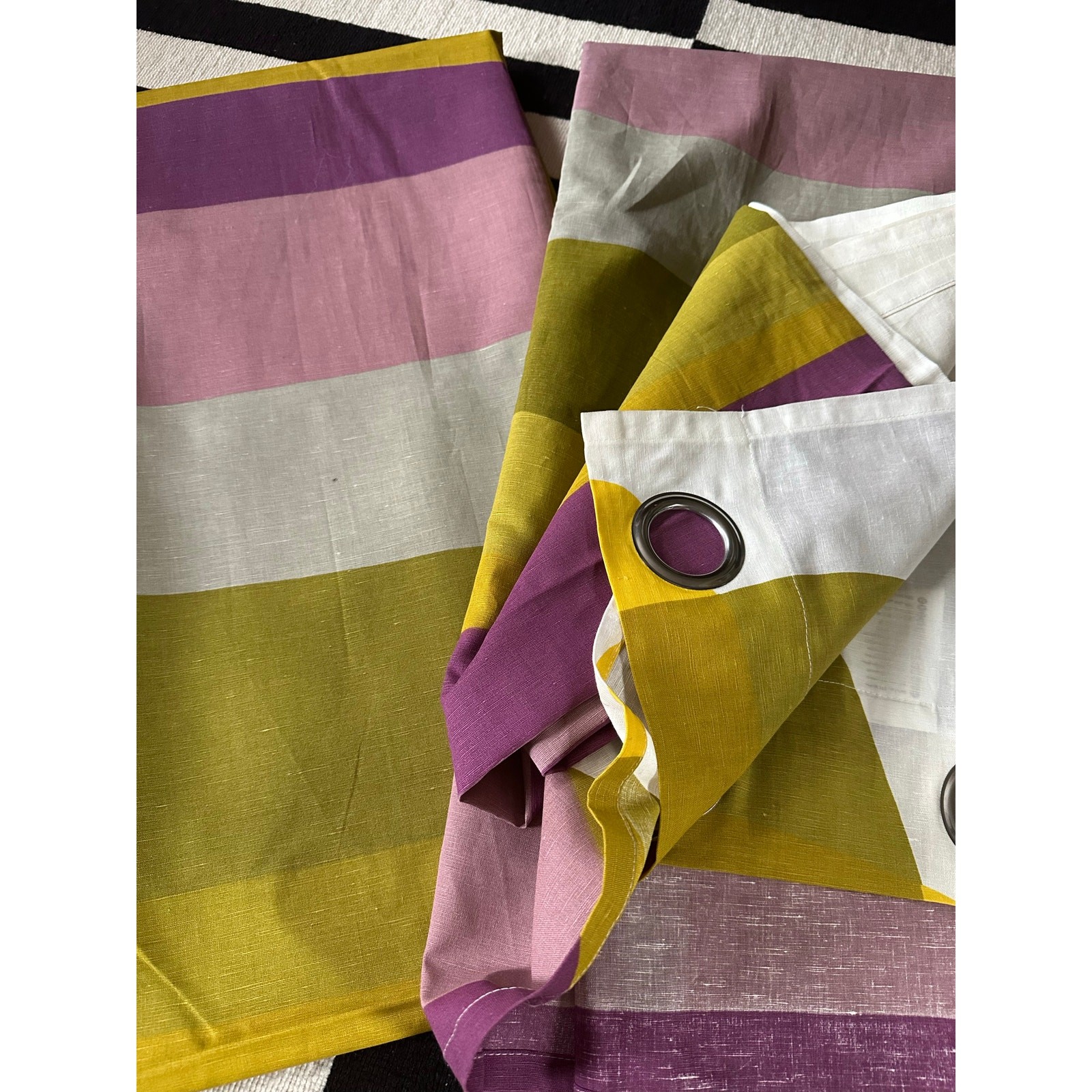 4-IKEA Malin Figur CurtainsGeometric Green Purple Panels set 57×98” Linen cotton