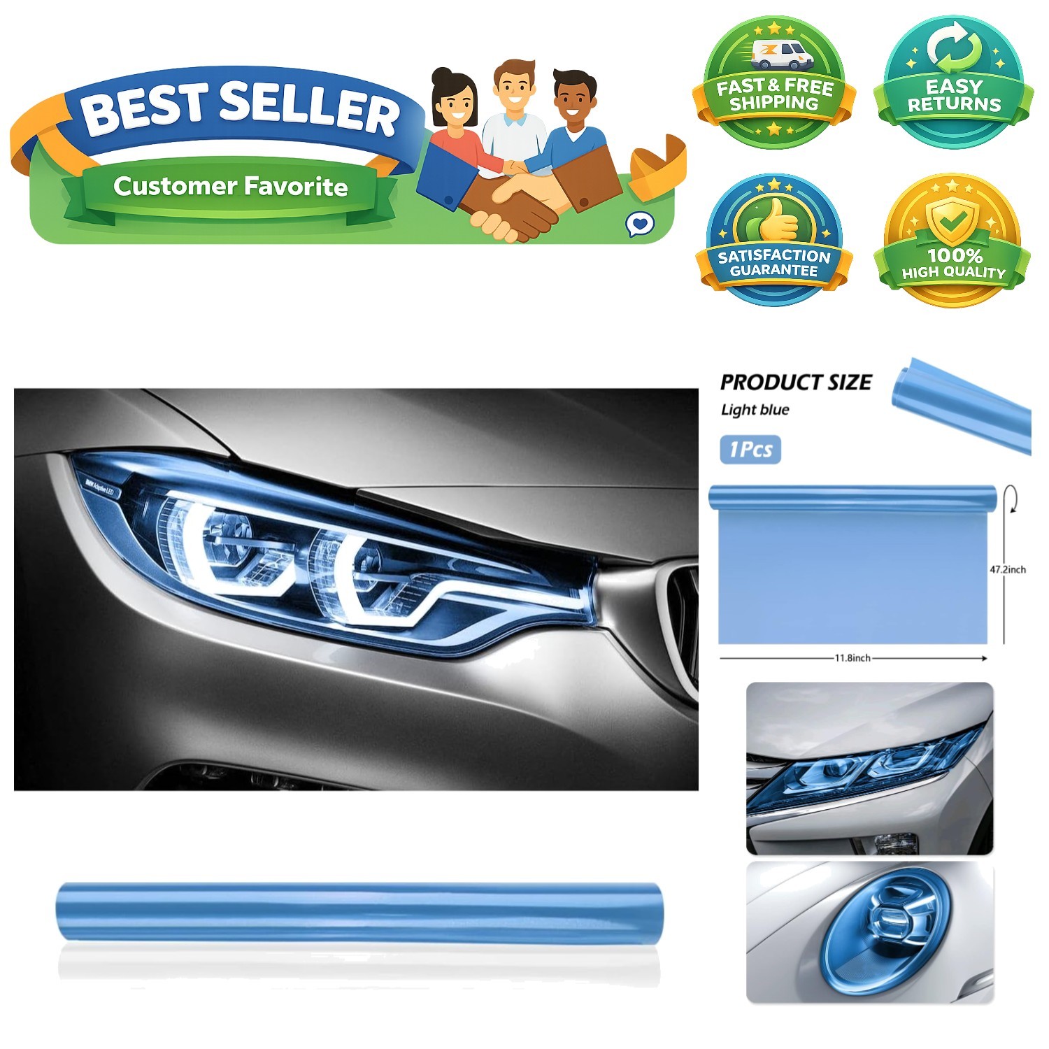 12 X 48inch Car Light Tint Film, Cuttable&Stretchability Car Headlight Tailli…