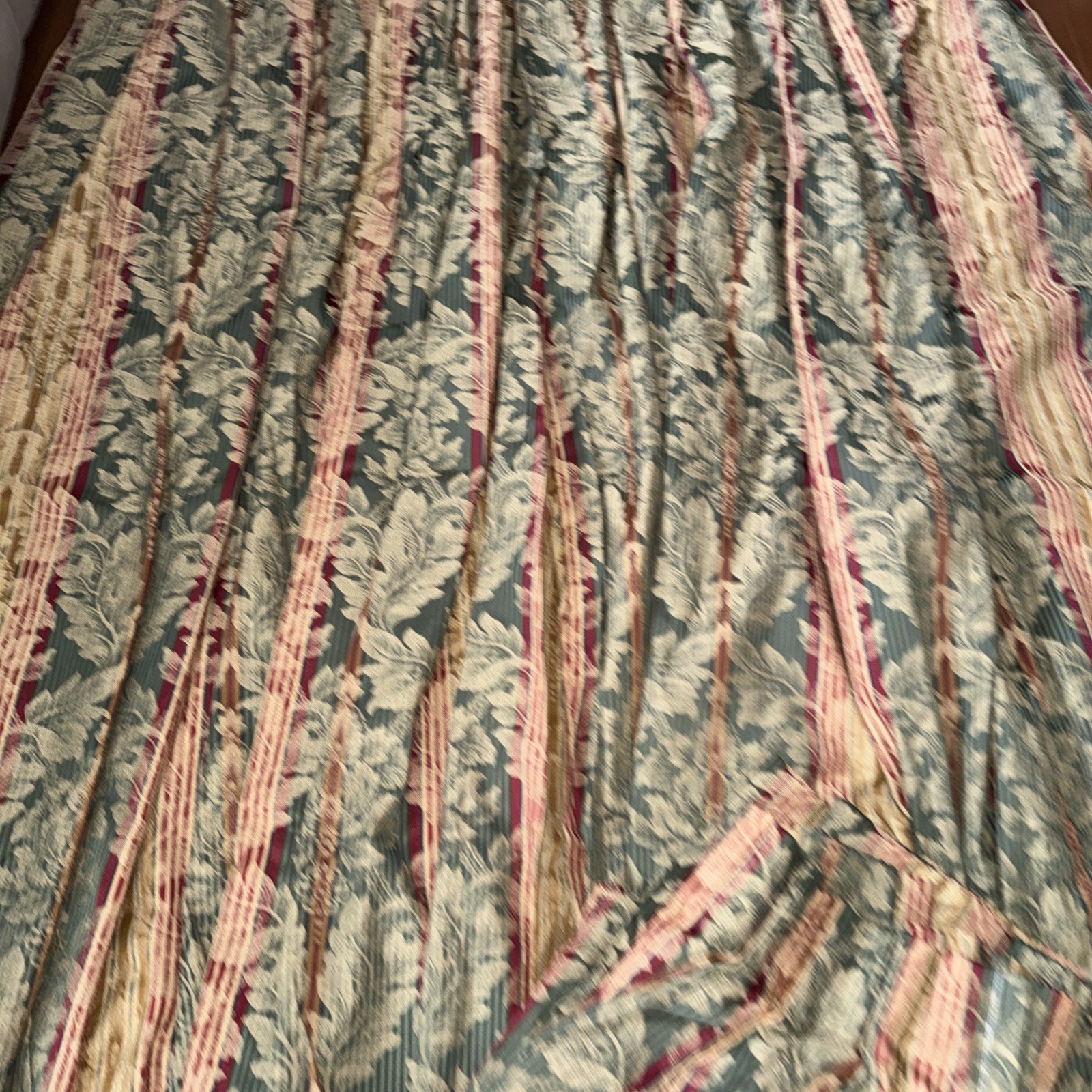 Pair Pinch Pleat Lined 2 Drapes 56Wx84L Brocade-Striped Red Green + 112” Valance