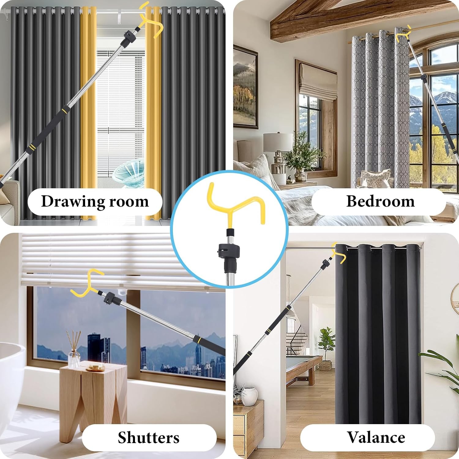 Curtain Pull Wand, Drapery Pull Rod for Curtains Adjustable 3-7.7 Feet