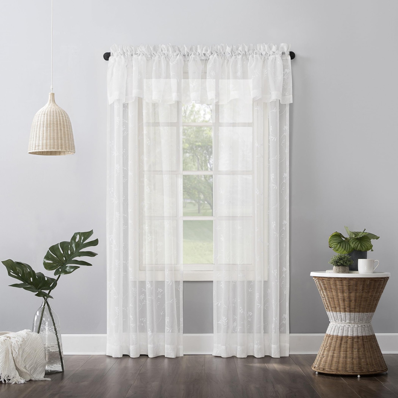 Delia Embroidered Floral Sheer Rod Pocket Curtain Panel, 50″ x 84″, Ivory Off…