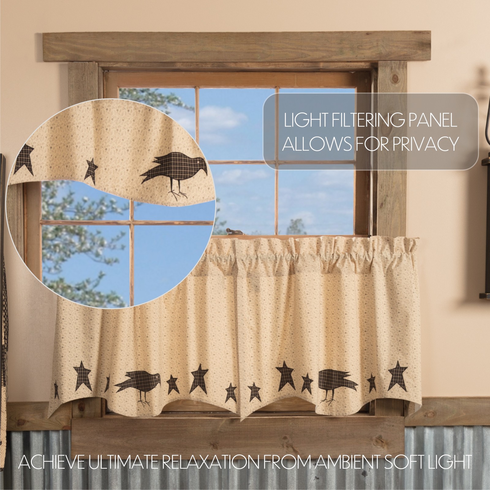Primitive 24″x36″ Crow Star Tier Pair Tan Rod Kitchen Window Curtains VHC Brands