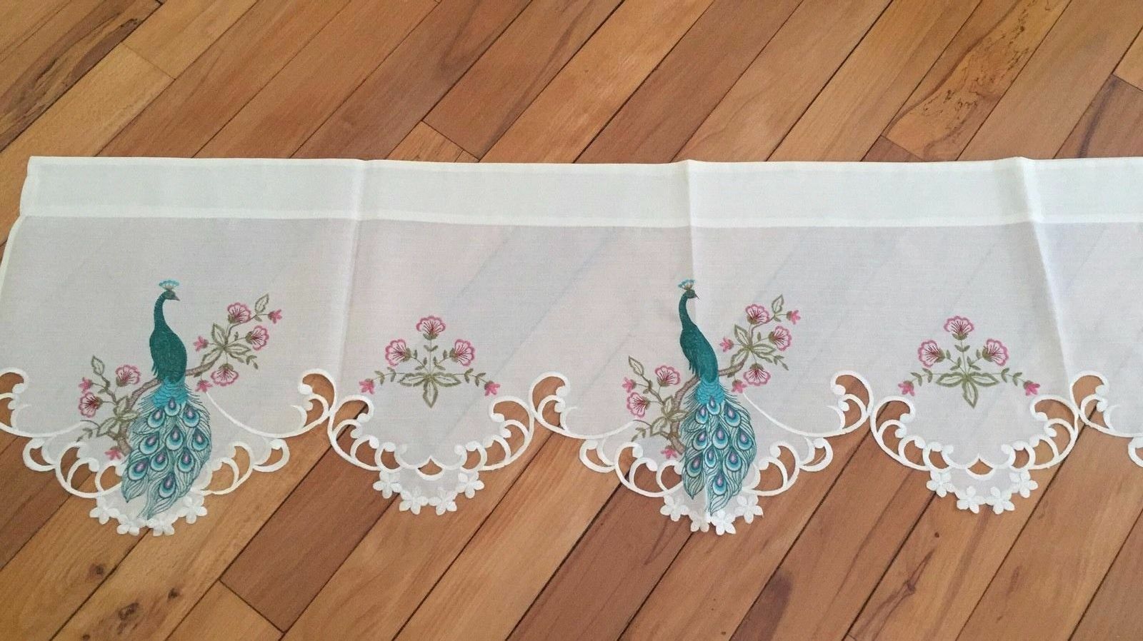 Embroidered Peacock Window Valance Peacock Feathers Spring Blooms Window Valance