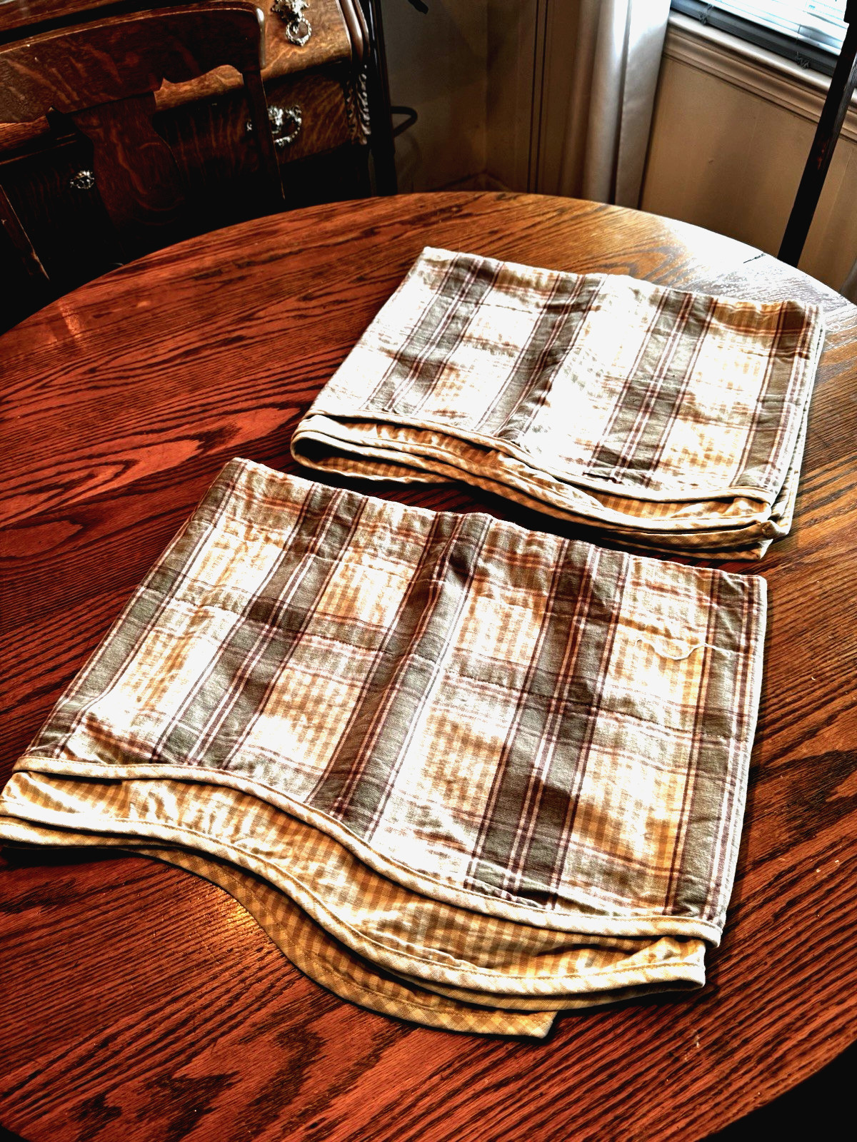 2 Waverly Window Valance Green Tan Check Plaid Print Layered Cotton 81X 16.5″ FS