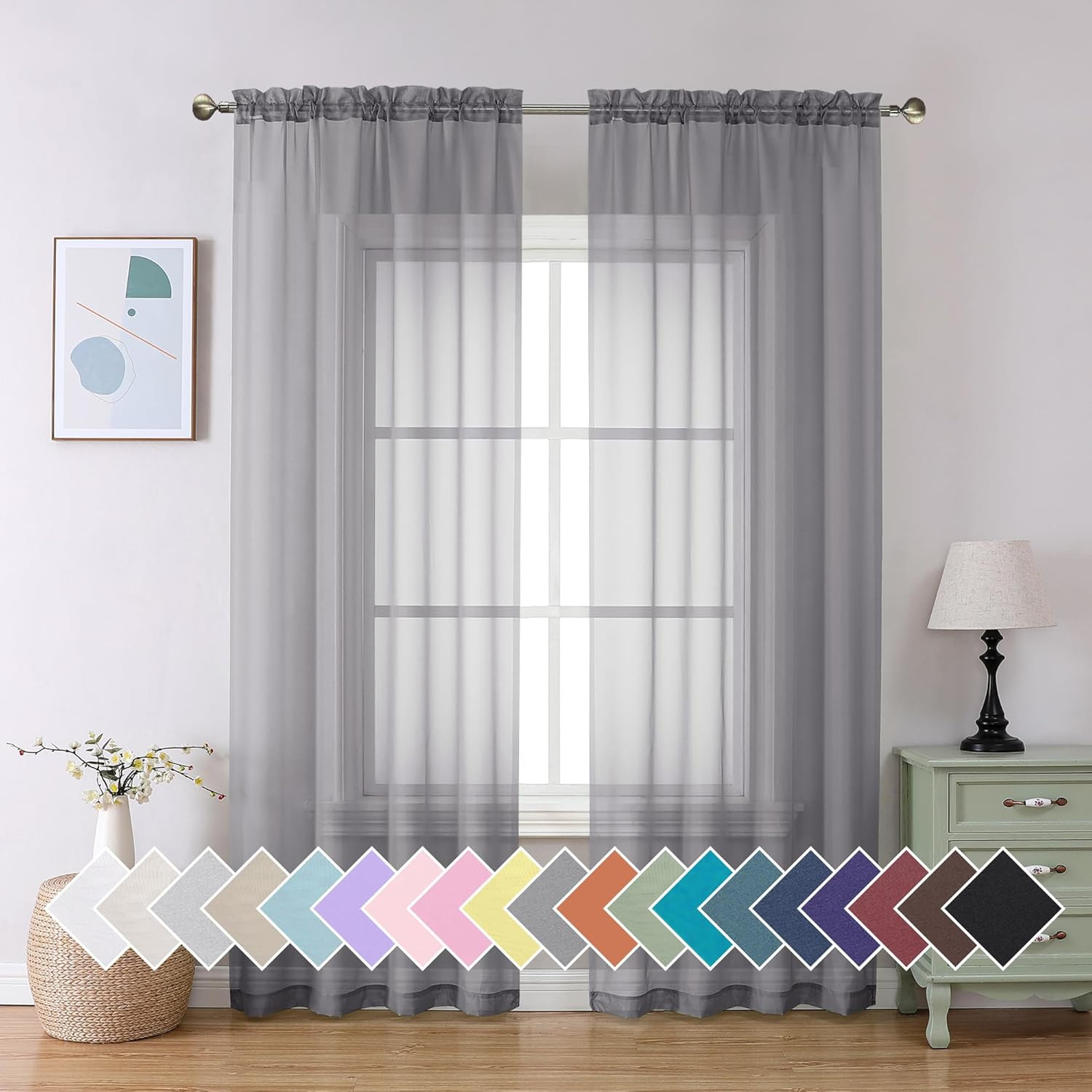 Charcoal Grey Sheer Curtains, 84 inches Long, 2 Panels Sets, for Living Room/Bat