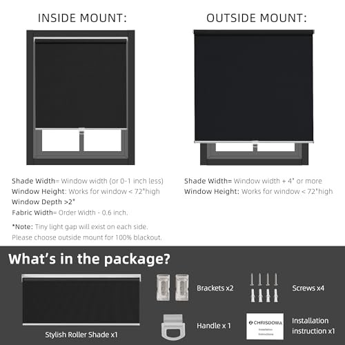 Cordless Free-Stop 100%out Blinds for Windows, Roller 22″W x 72″H Black
