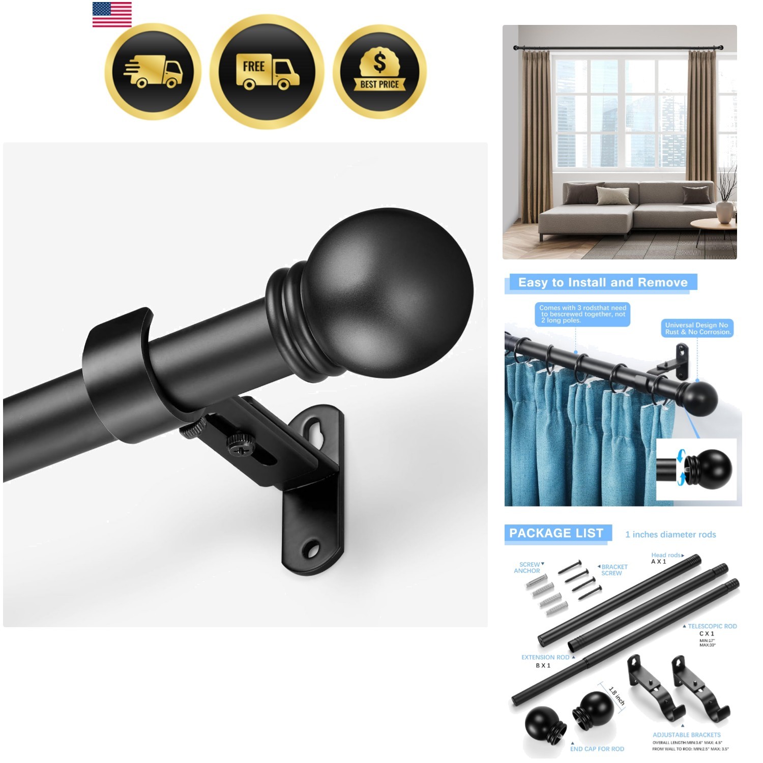 Curtain Rods for Windows 16 to 48 Inches, Curtain Rod Max Adjustable Length o…