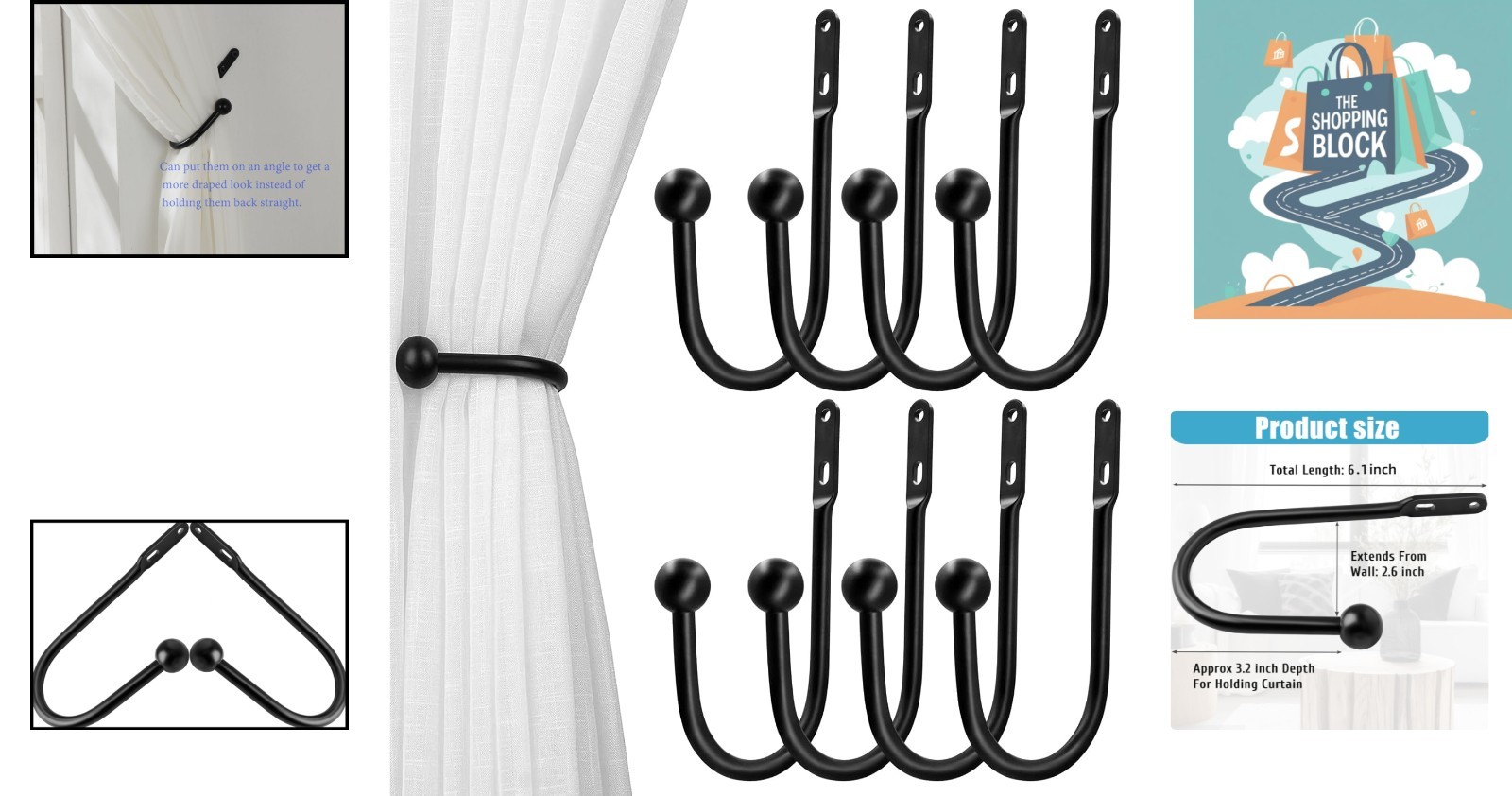 8pcs Black Wall Mount Curtain Tiebacks Aluminum Hooks, 6 inch