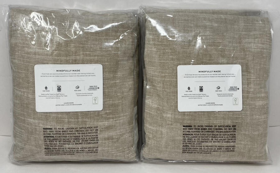 Pottery Barn Emery Linen Framed Bordered Poletop Drape (2) 50 x 84 Oatmeal Ivory