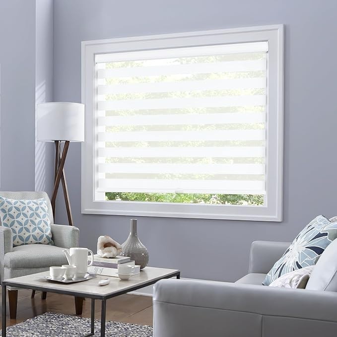 Cordless Zebra Blinds Free-Stop Dual Layer Roller Window Shades White