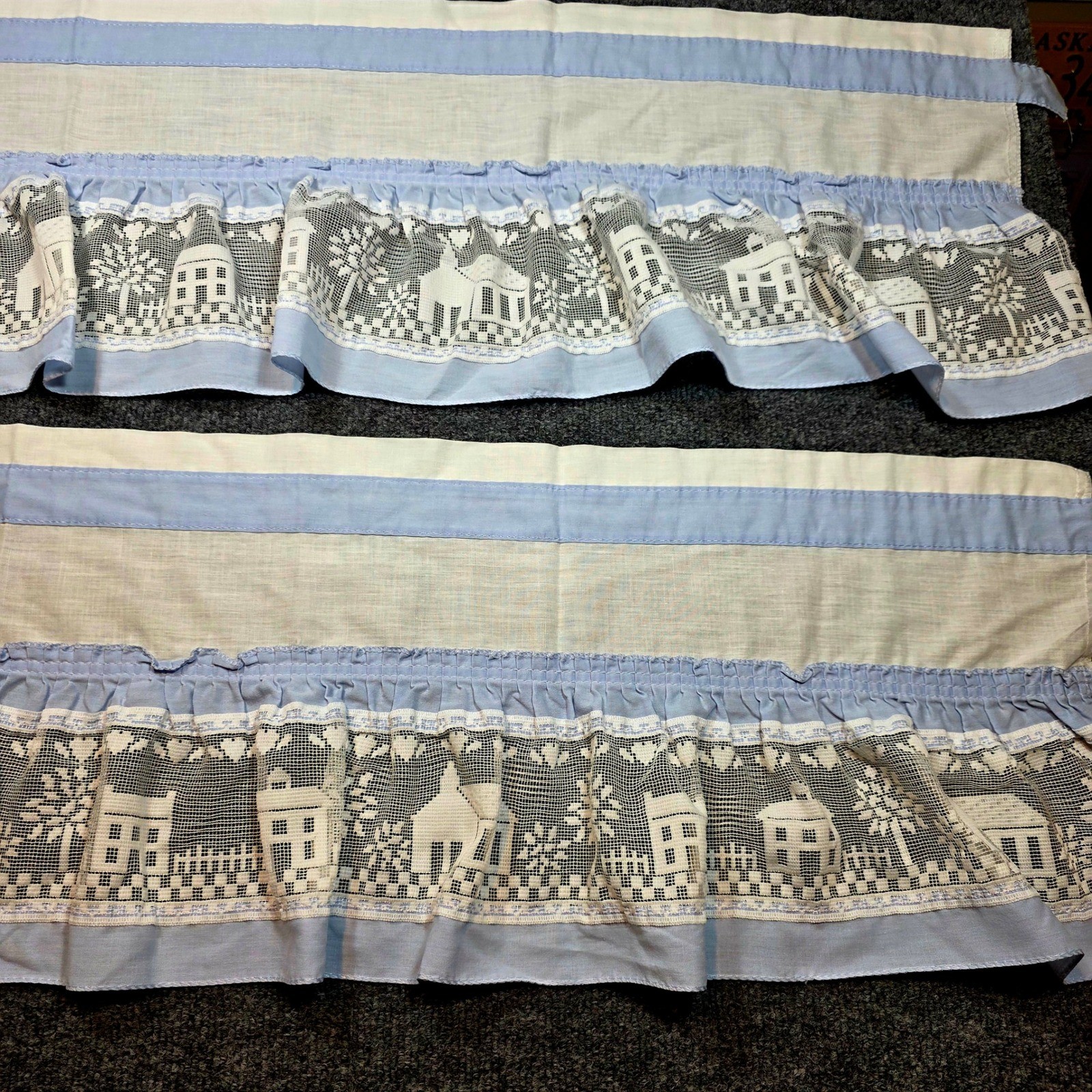 Vintage Blue White Village Scene Lace Ruffle Tier Curtains Set of 2 Valance USA