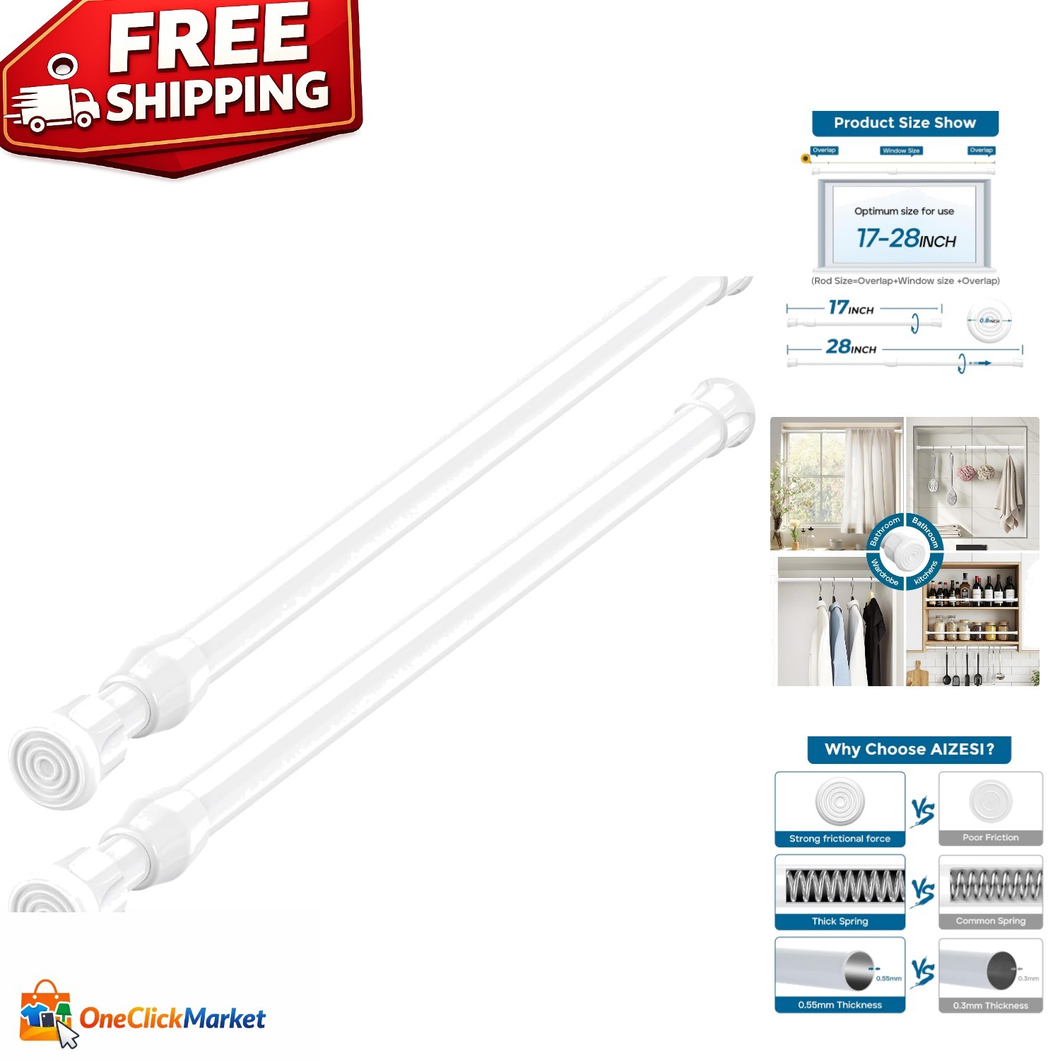 Versatile Non-Slip Spring Tension Rods, 17-28 Inches, for Multiple Uses – 2 Pack