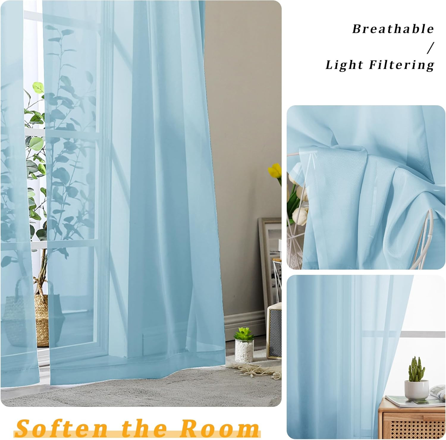Sky Blue Sheer Curtains 84 Inches Long 2 Panels Set for Living Room, Rod Pocket