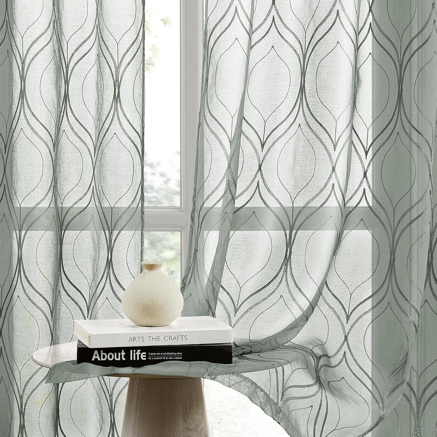 Sage Green Sheer Curtains, 52 X 84 Inches Long Moroccan Embroidered Pattern Rod