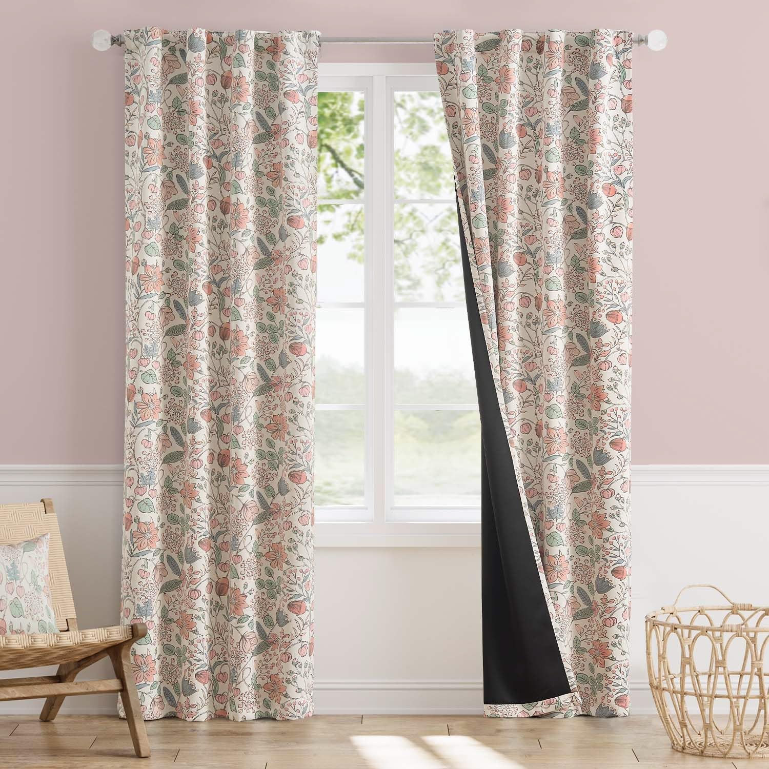 Pink Nursery Curtains for Girls Room Floral Blackout Curtains 84 Inch Length