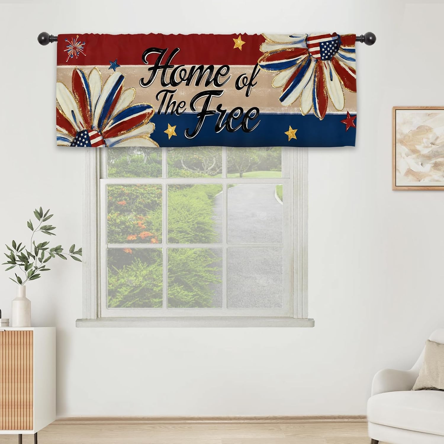 Independence Patriotic Kitchen Curtain Valance 54W x 18L Inch Blue Red 4th of Ju
