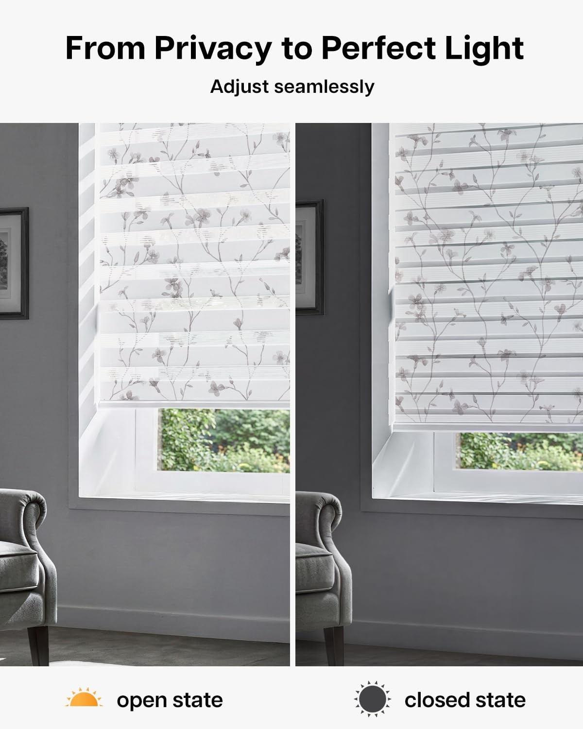 Cordless Zebra Blinds for Windows, Grey Bloom, 47″ W x 72″ H
