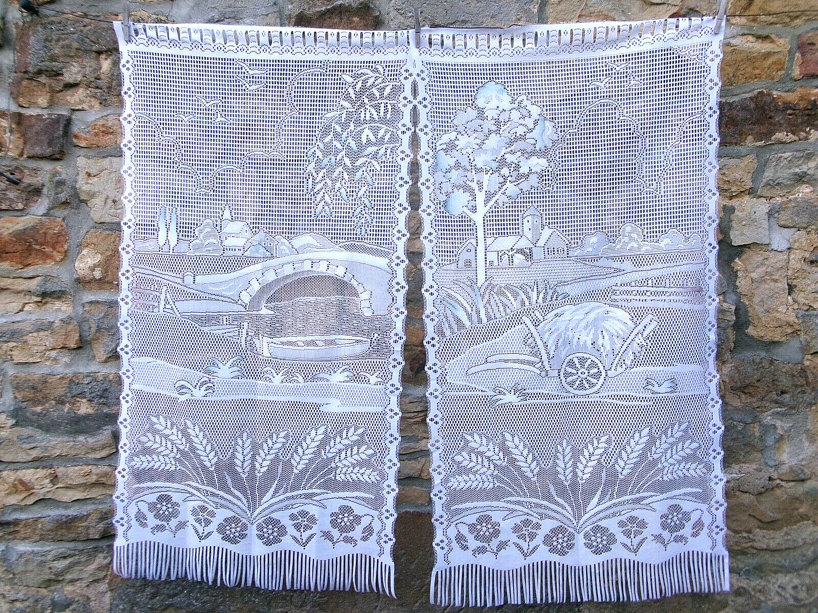 French a pair of white curtains lace village landscape motif 23” x 46” each
