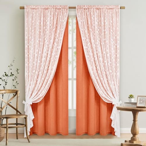 Linen Curtains for Living Room 52″W x 84″L (Pack of 2) Orange Light Filtering