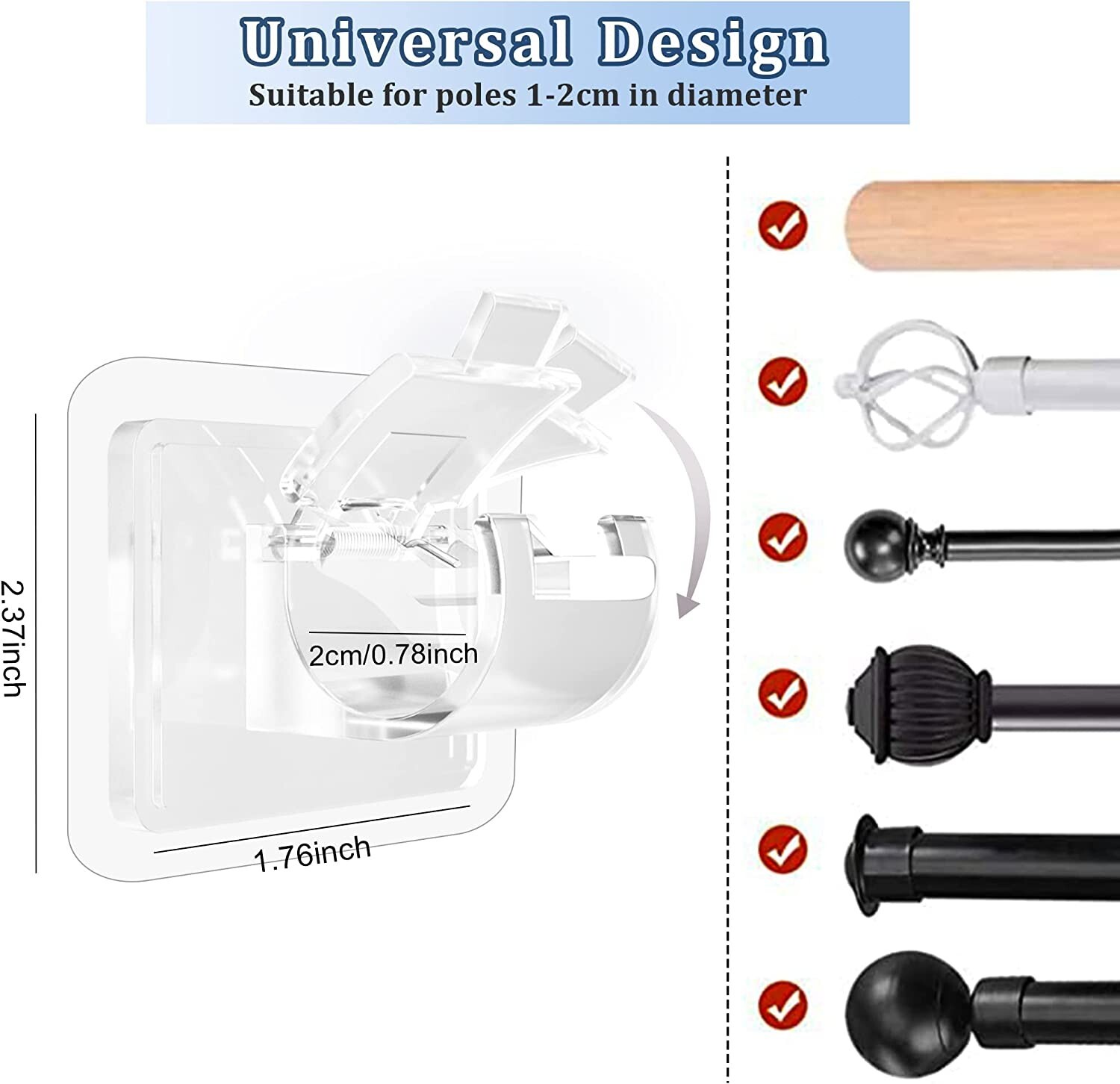 8× Nail Free Adjustable Curtain Rod Clip Brackets Self Adhesive Holder Hooks USA