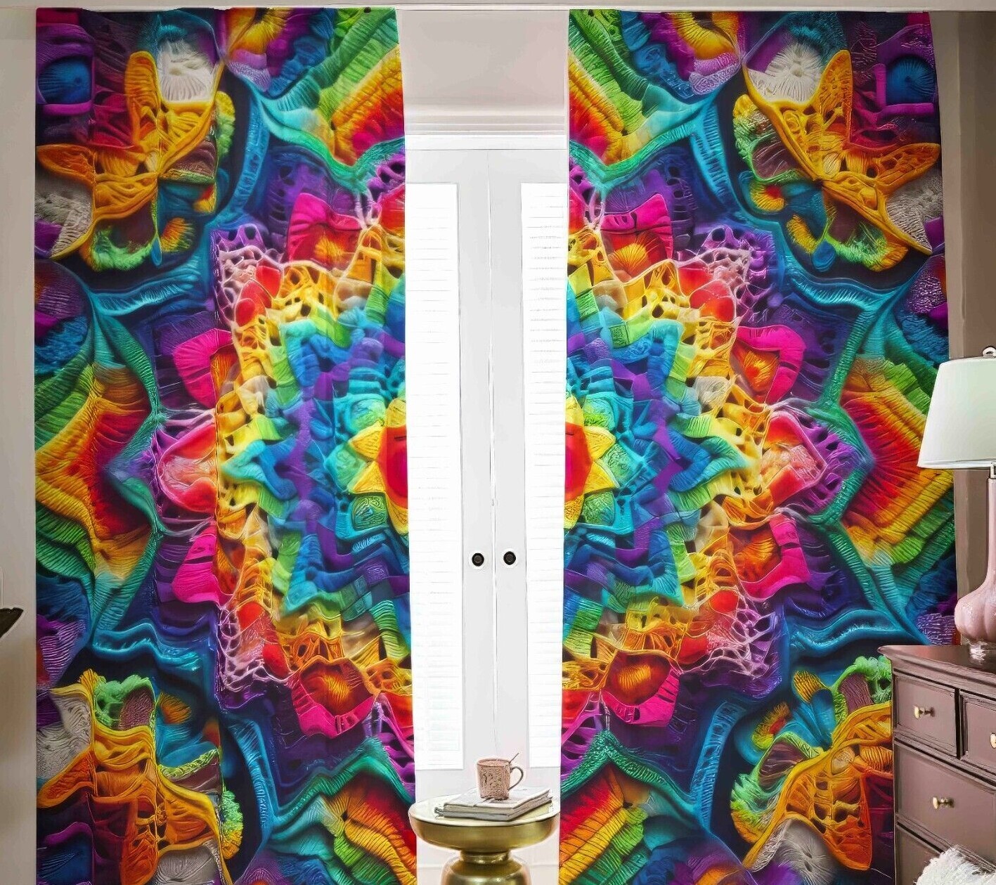 Rainbow Crochet Granny Squares Blackout Curtains, Black Out Drapes Shades