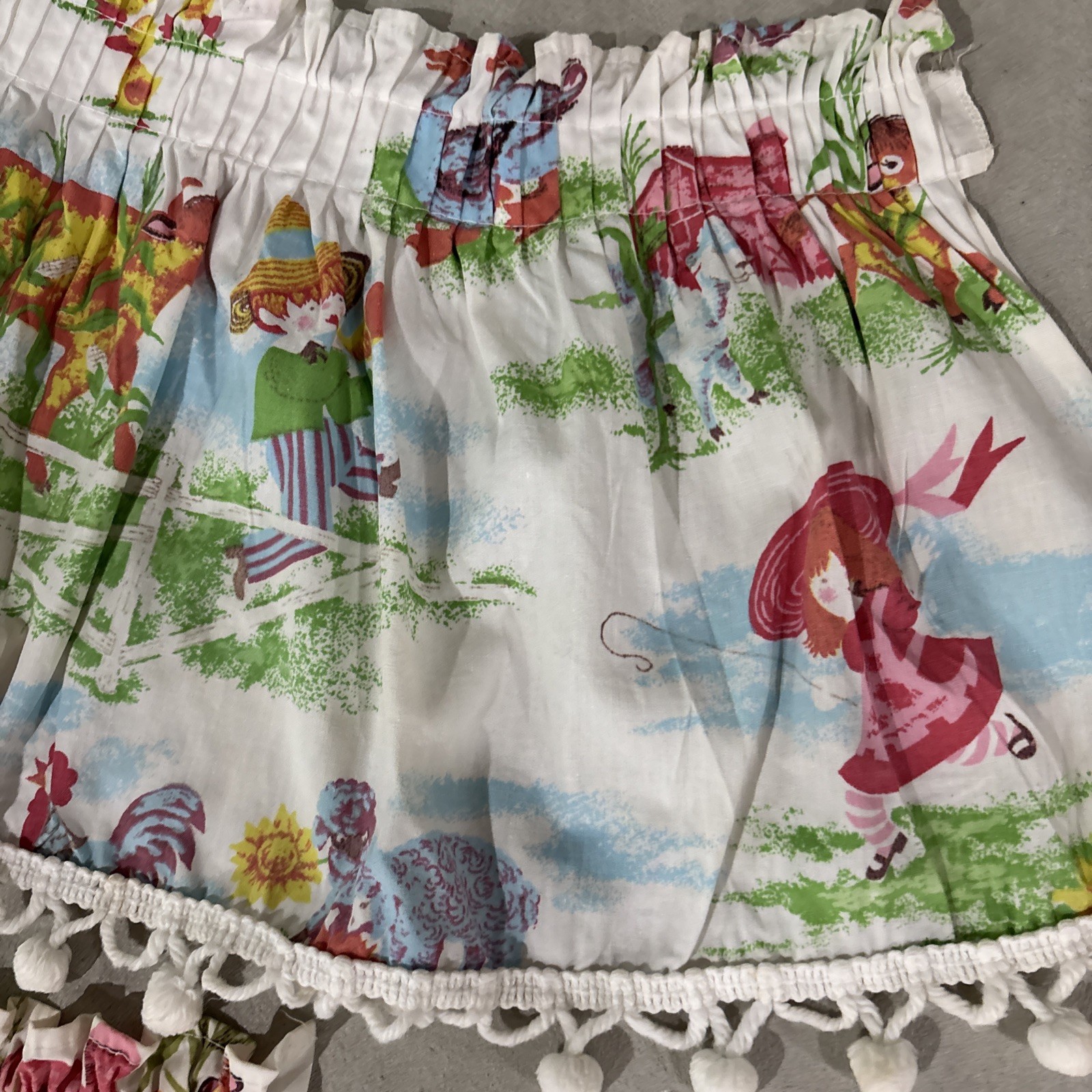 Vtg Kids Novelty Storybook Valance Lot 2 Handmade Rod Pocket Pom Pom Trim Retro