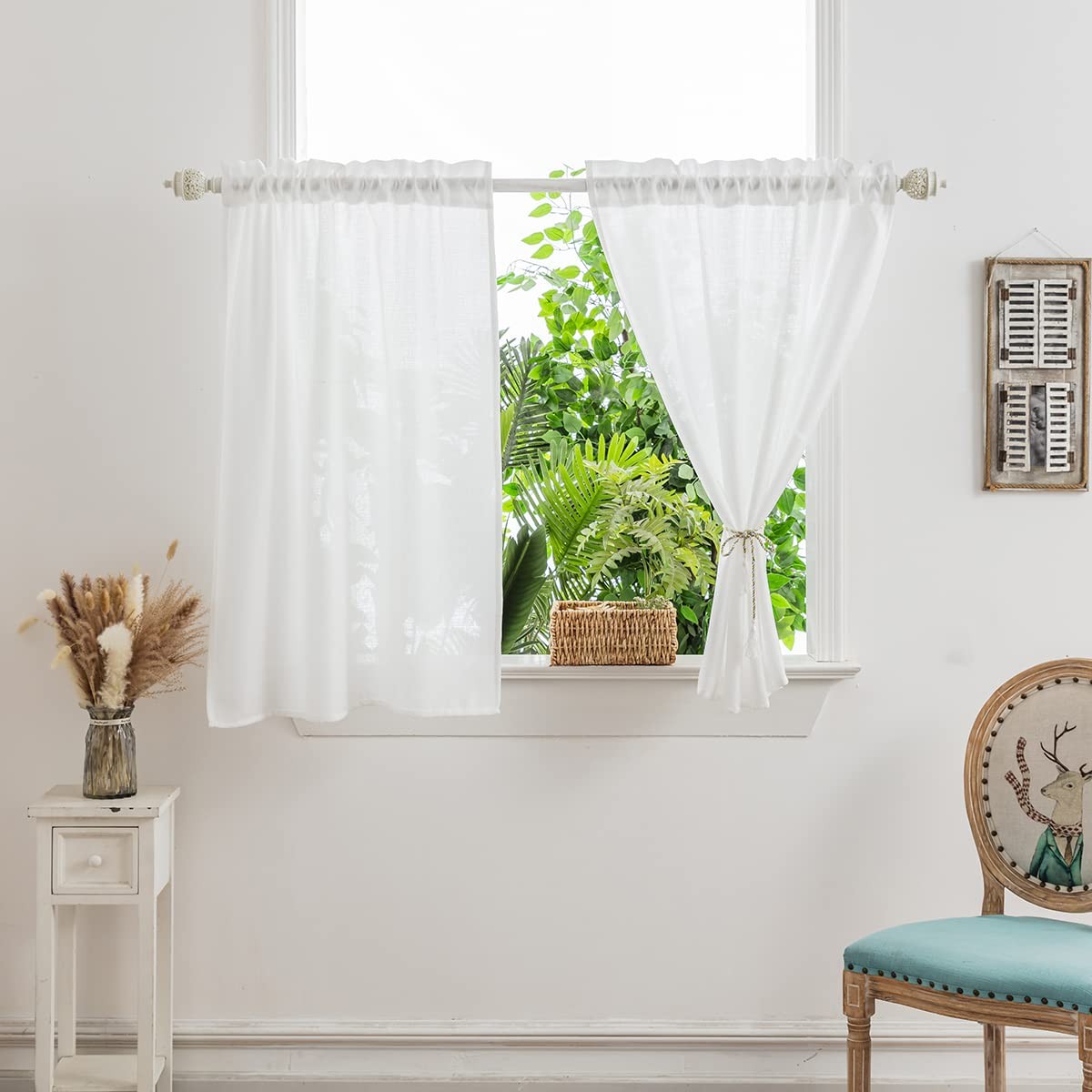 Yancorp White Kitchen Tier Curtains 24 inches Length Linen Textured Short Farmho