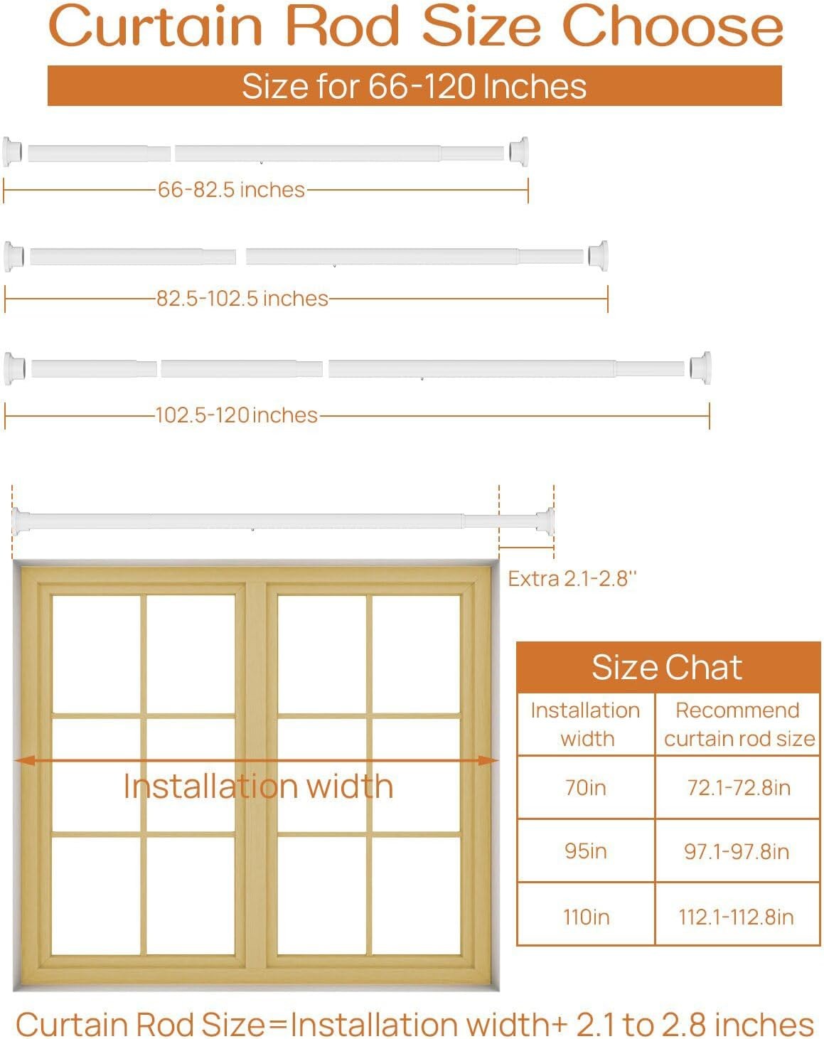 Tension Curtain Rods for Windows 66 to 120 Inch, White Curtain