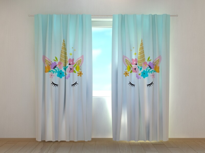 3D Photo Curtain Printed Unicorn with Flowers By Wellmira Made to Measure