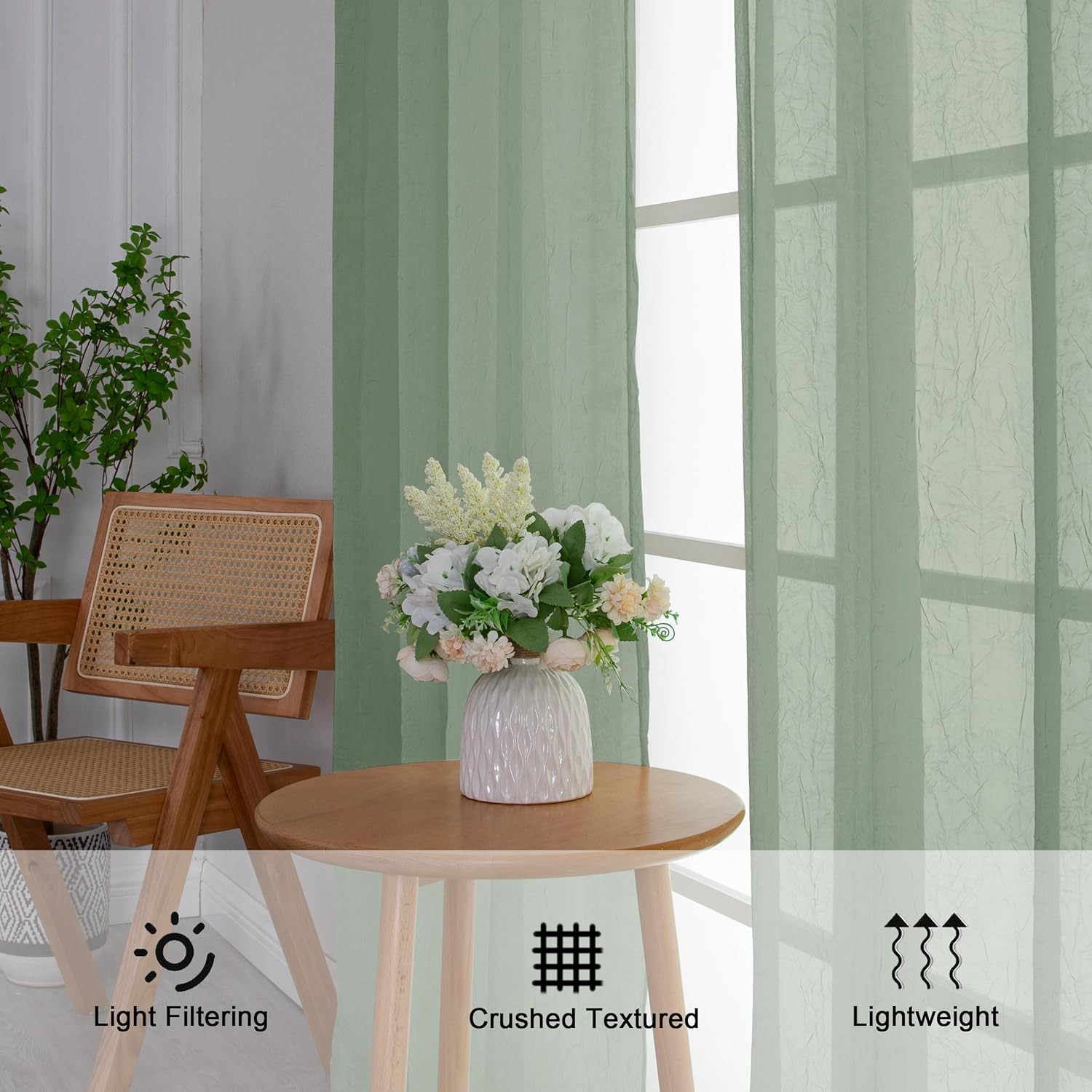 Crushed Sheer Sage Green Curtains 84 Inch Length 2 Panels, Light Filtering Solid