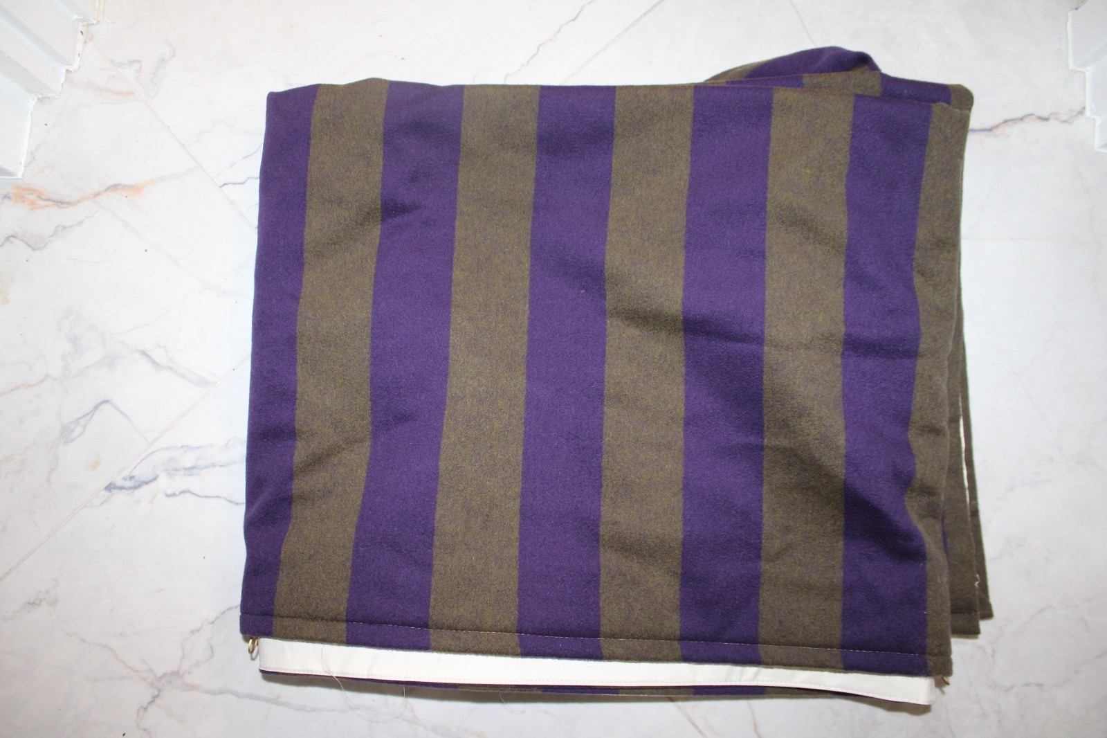 Custom Made 100% wool Roman Shade 45″x104″ in olive green and purple striped