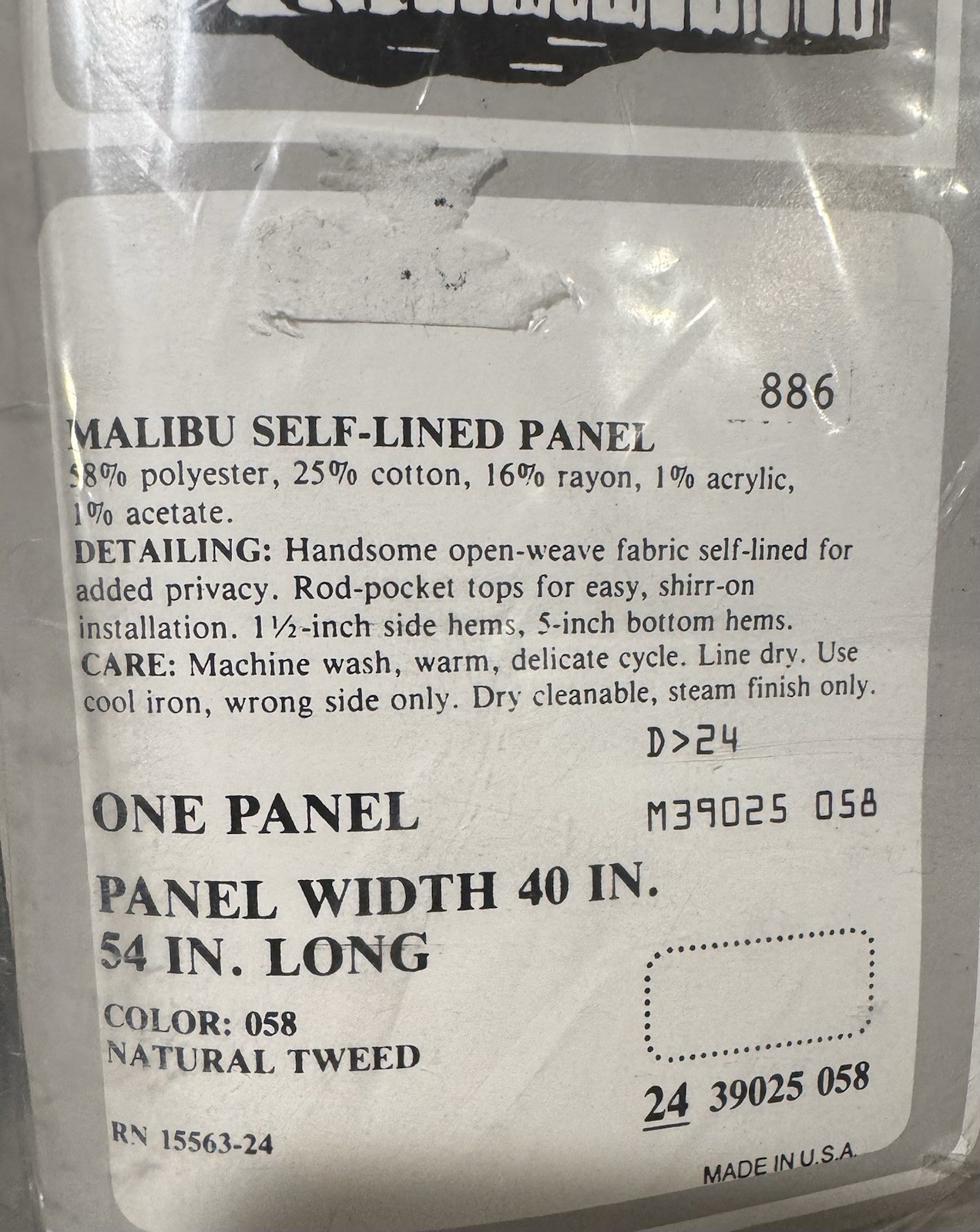 40” x 54” Tweed Sears Panel Curtain Malibu Self-lined Pole Top Panel