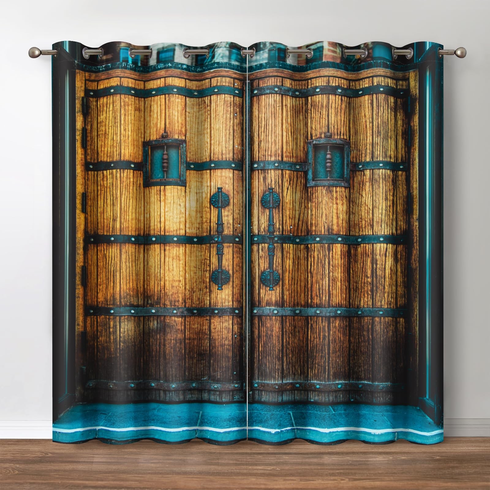 Jekeno Vintage Ancient Door Blackout Curtains Retro Rustic Wood Plank Forged