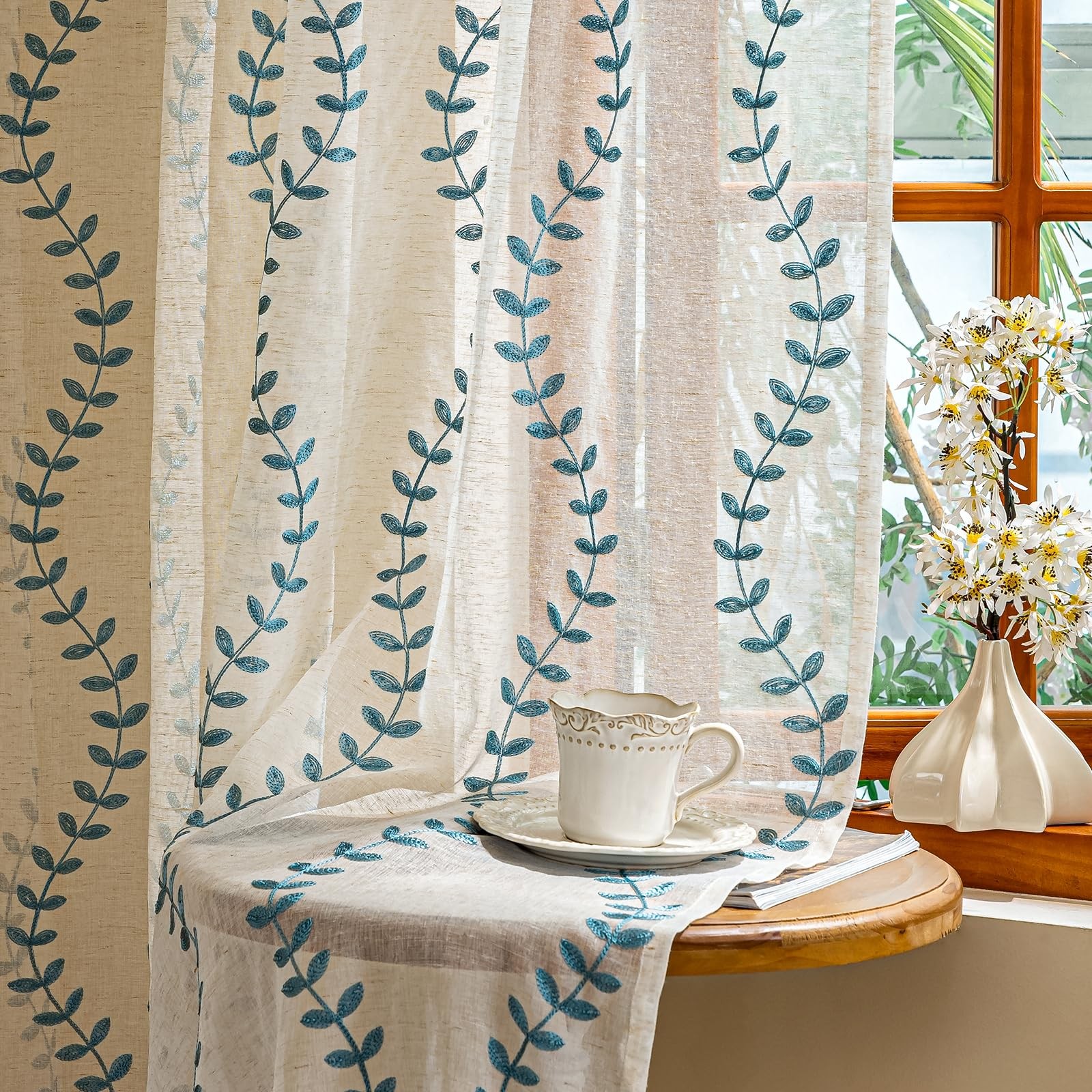 2 Panels Linen Leaf String Floral Embroidered Semi Sheer Curtain Farmhouse Vo…