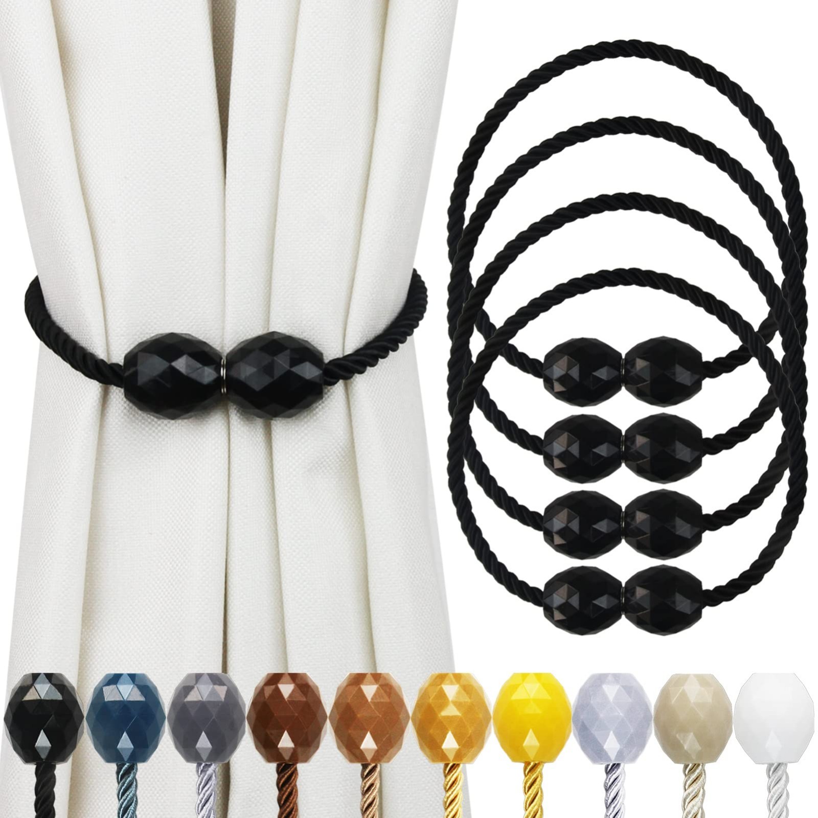 Magnetic Curtain Tiebacks 4 Pack – Black Decorative Holdbacks for Drapes & Outdo