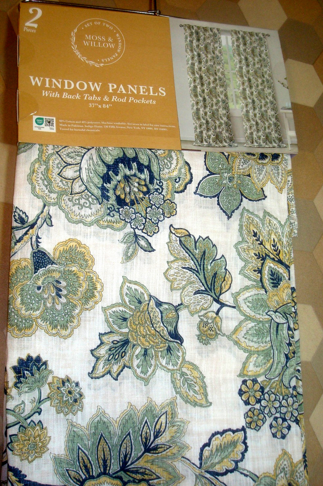 NWT Moss & Willow 2 pc Curtain Panels Floral Cotton blend Blue Green 84″ lg