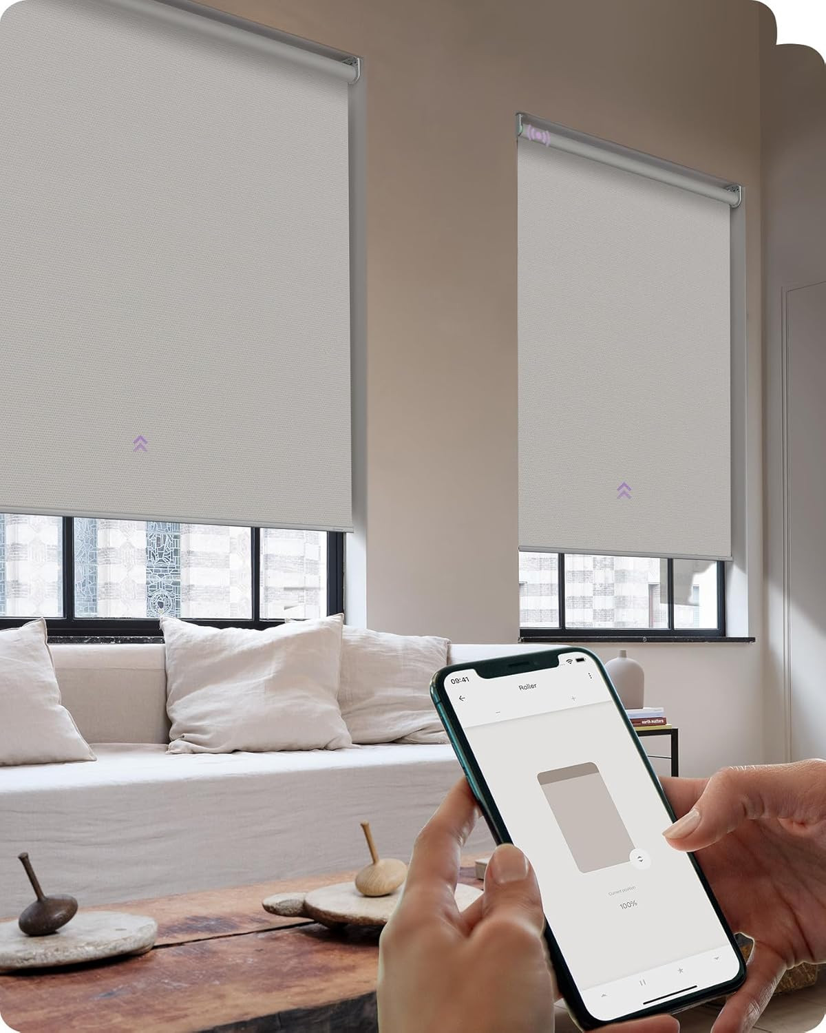 Smart Roller Shades 100% Blackout with APP Control – Customizable Blinds 25″x72″
